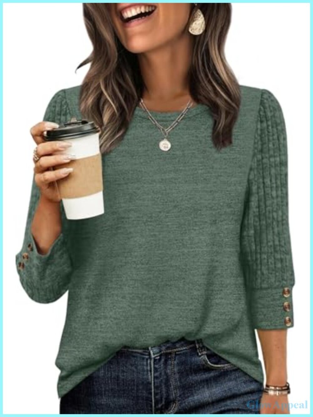 Womens 3/4 Sleeve Button Tunic Top Lightweight Sweater Blouse for Work